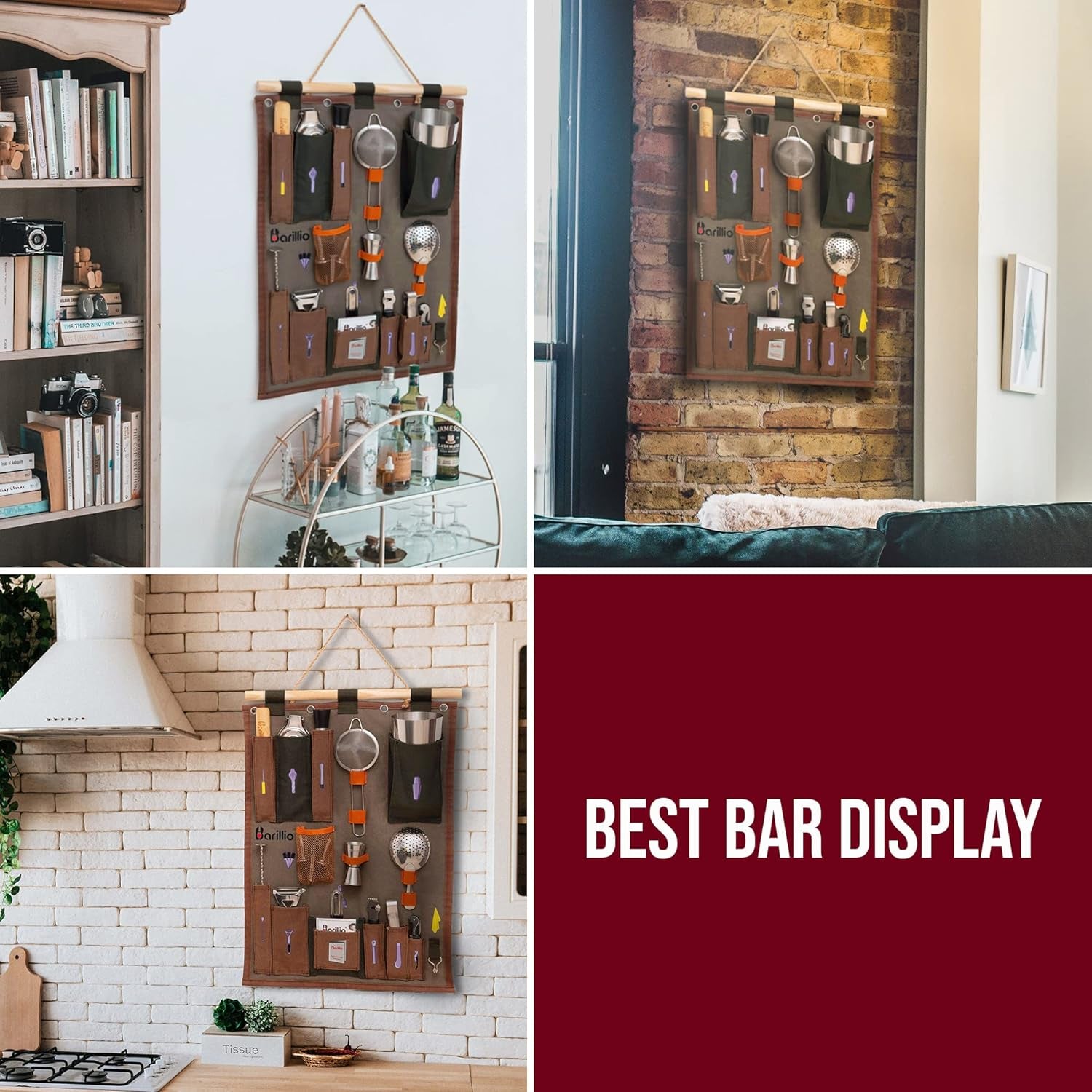 Bartender Wall Organizer with Martini Shaker Set | Professional Mixology Bartender Kit for Cocktail & Drink Mixing | Perfect Portable Bar Kit for Home Bartending (Small)
