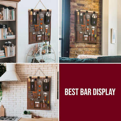 Bartender Wall Organizer with Martini Shaker Set | Professional Mixology Bartender Kit for Cocktail & Drink Mixing | Perfect Portable Bar Kit for Home Bartending (Small)