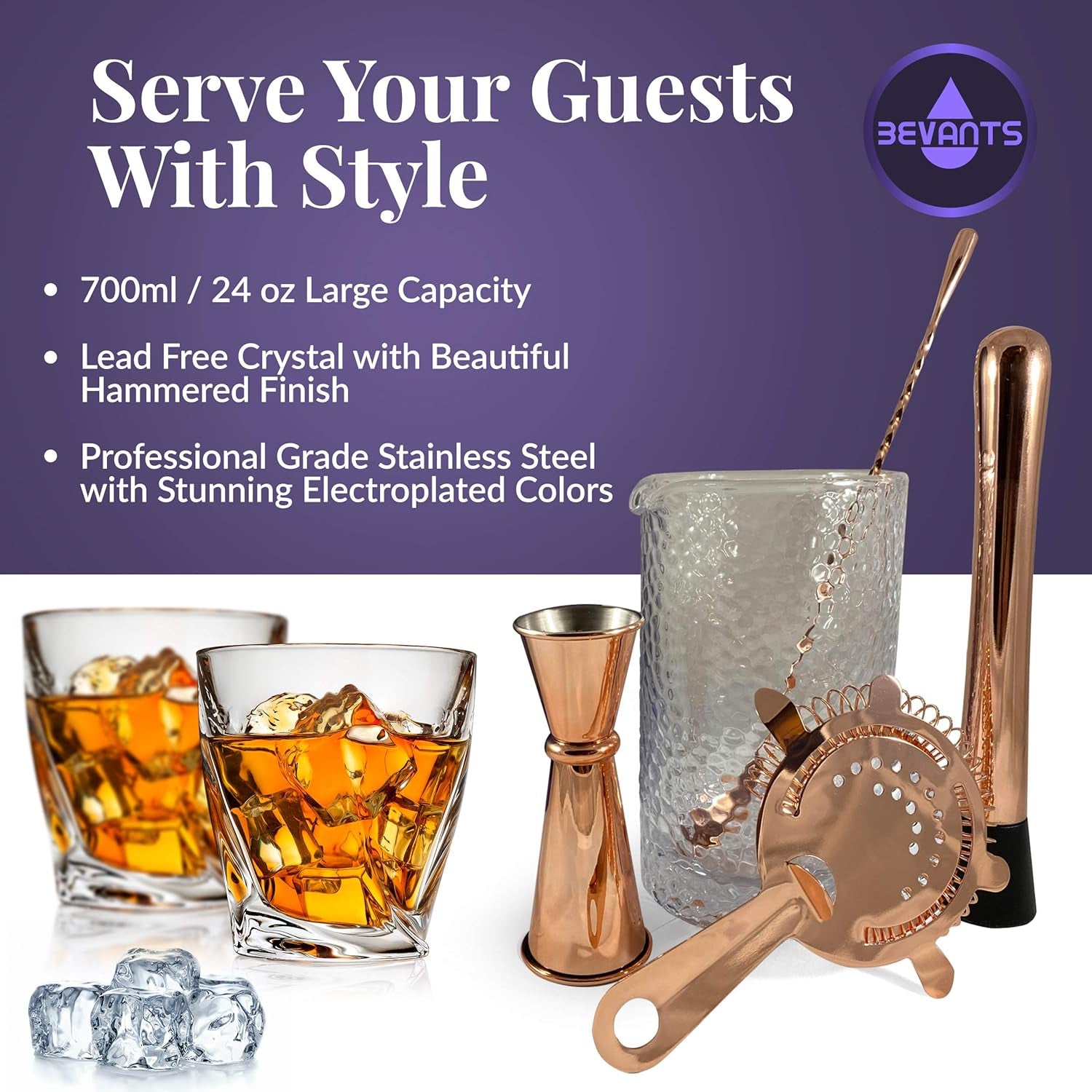 Bar Mixing Glass Set-Large 24 Oz Bartender Kit for Home Bar- Copper