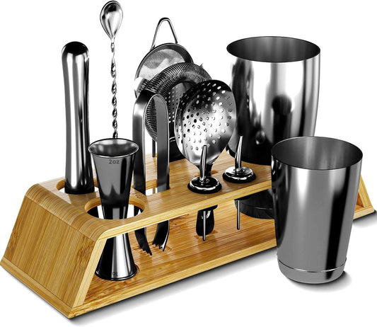 12-Piece Black Cocktail Shaker Set with Bamboo Stand, Weighted 18 & 28Oz Boston Shakers, Cocktail Muddler, Mixing Spoon, Double Jigger and Strainer Set, Perfect Bartending Mixing Kit