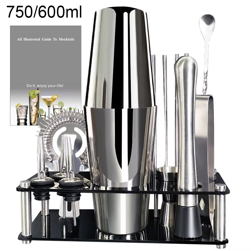 13 Piece 750Ml 600Ml Cocktail Shaker Set Stainless Steel Bar Tools with Black Stand, 750Ml Shaker, Jigger, Spoon, Pourers
