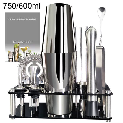 13 Piece 750Ml 600Ml Cocktail Shaker Set Stainless Steel Bar Tools with Black Stand, 750Ml Shaker, Jigger, Spoon, Pourers