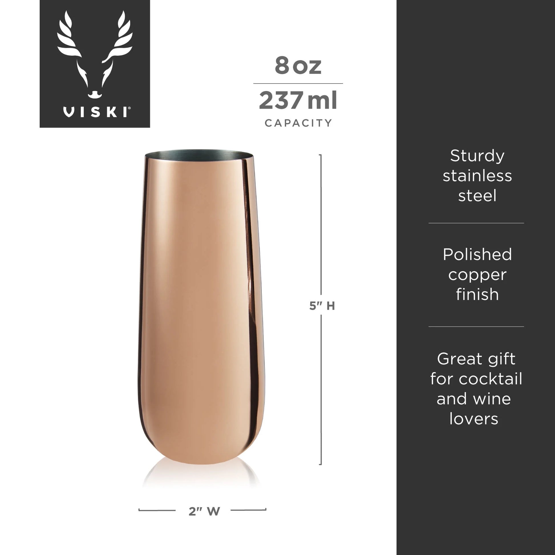 Stainless Steel with Copper Finish Champagne Flutes - Stemless Wine Glass