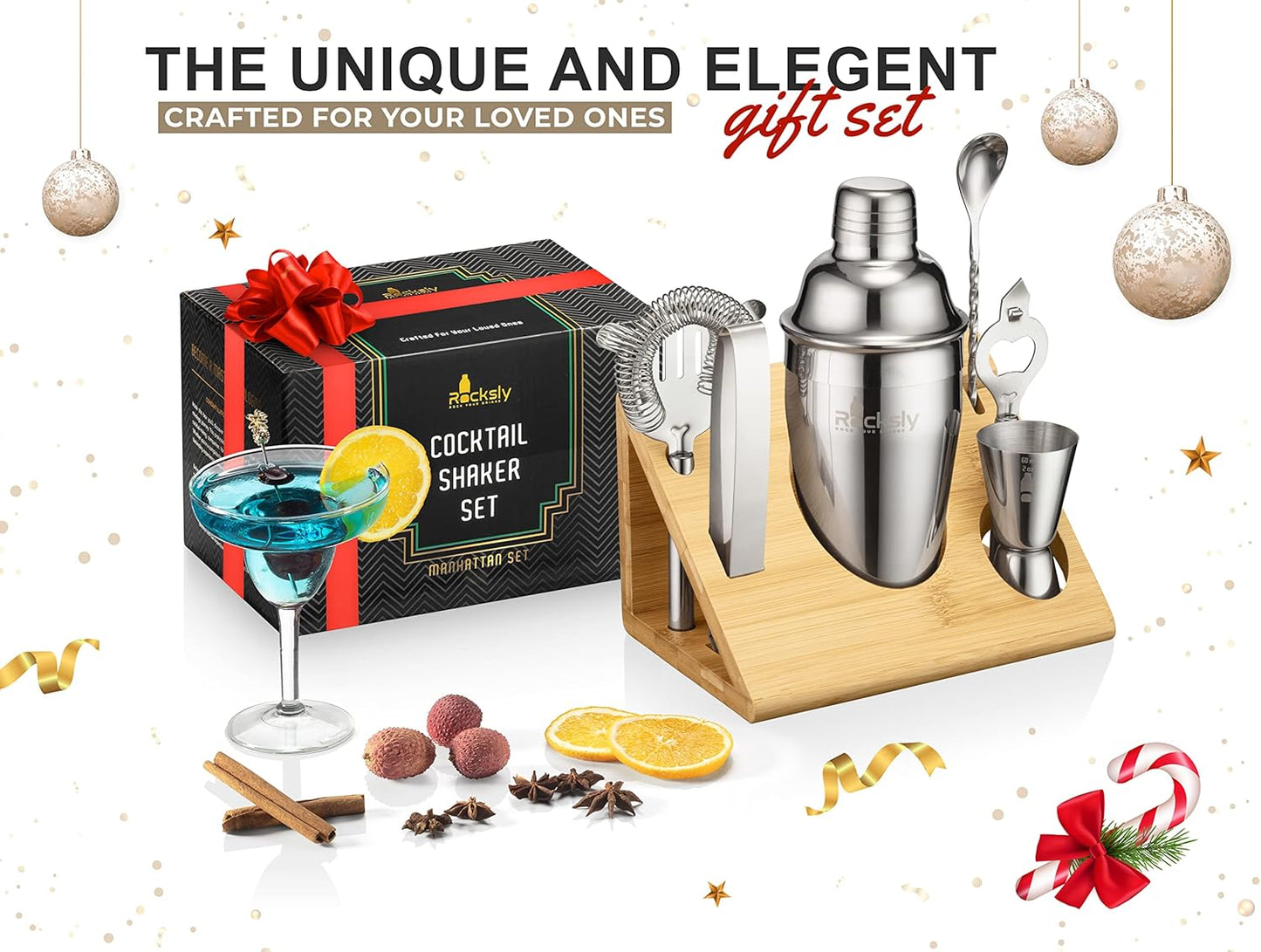 Mixology Bartender Kit and Cocktail Shaker Set for Drink Mixing | Mixology Set with 6 Bar Set Tools and Bamboo Stand Makes It the Perfect Home Cocktail Kit | Complete Bartender Kit (Silver)