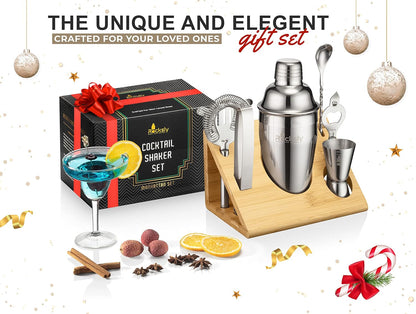 Mixology Bartender Kit and Cocktail Shaker Set for Drink Mixing | Mixology Set with 6 Bar Set Tools and Bamboo Stand Makes It the Perfect Home Cocktail Kit | Complete Bartender Kit (Silver)