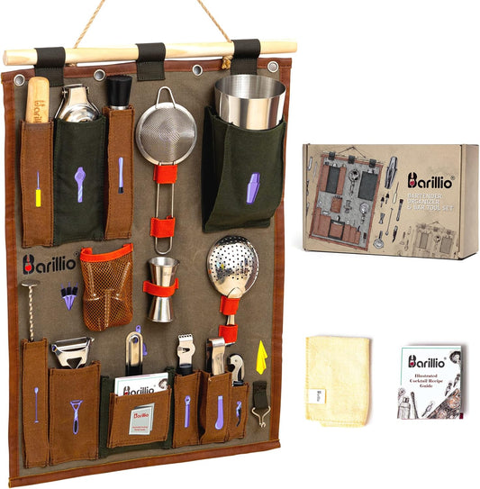 Bartender Wall Organizer with Martini Shaker Set | Professional Mixology Bartender Kit for Cocktail & Drink Mixing | Perfect Portable Bar Kit for Home Bartending (Small)