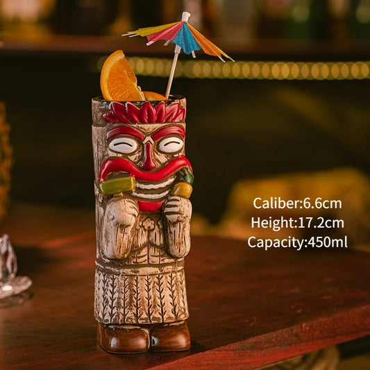 Hawaiian Style Brown Tiki Mug Creative Cocktail Mug Cup Zombie Ceramic Tiki Mug Drinkware Cup Mug for Tiki Bar Party