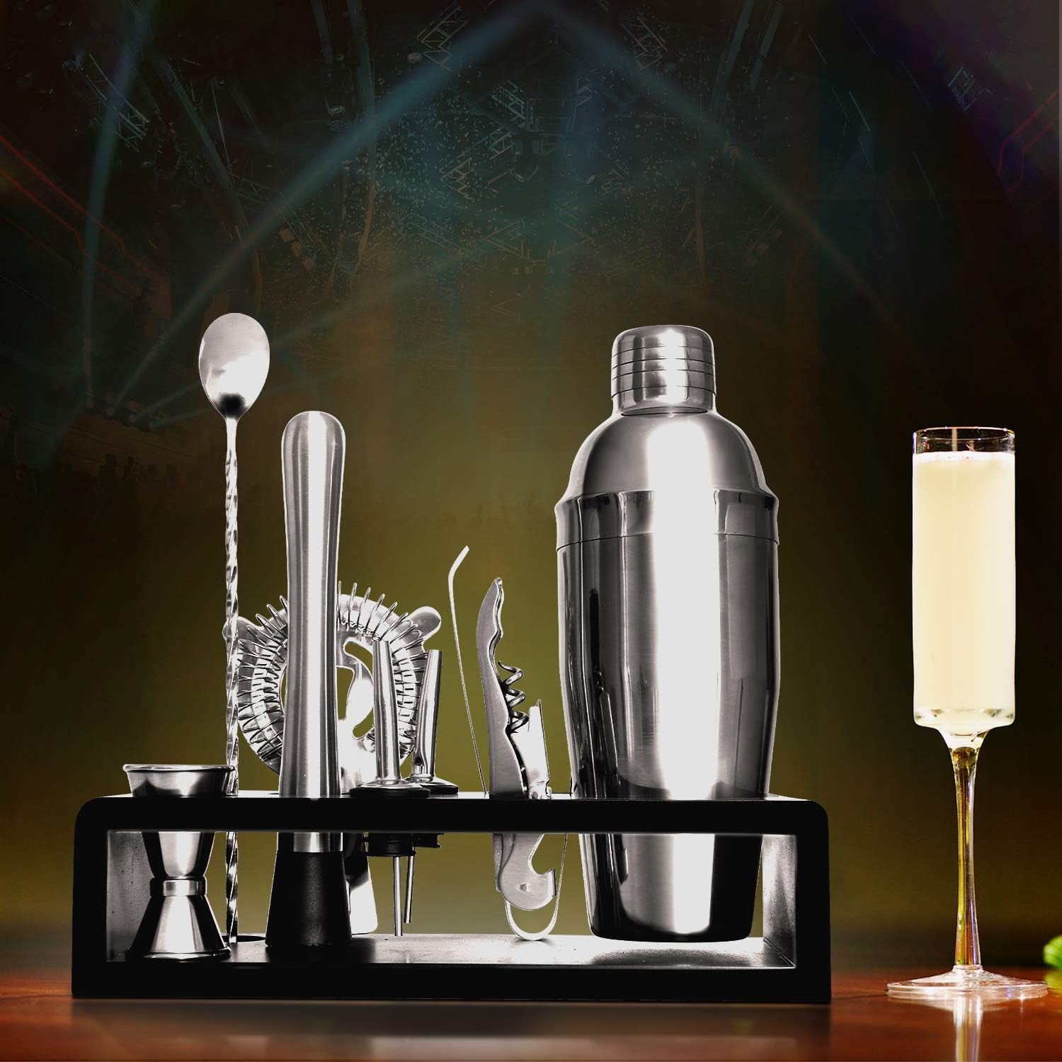 Bar Set Bartender Kit with Stand Stainless Steel Drink Mixer Set for Beginners Perfect Home Bartending Kit for an Awesome Drink Mixing Experience(Silver)