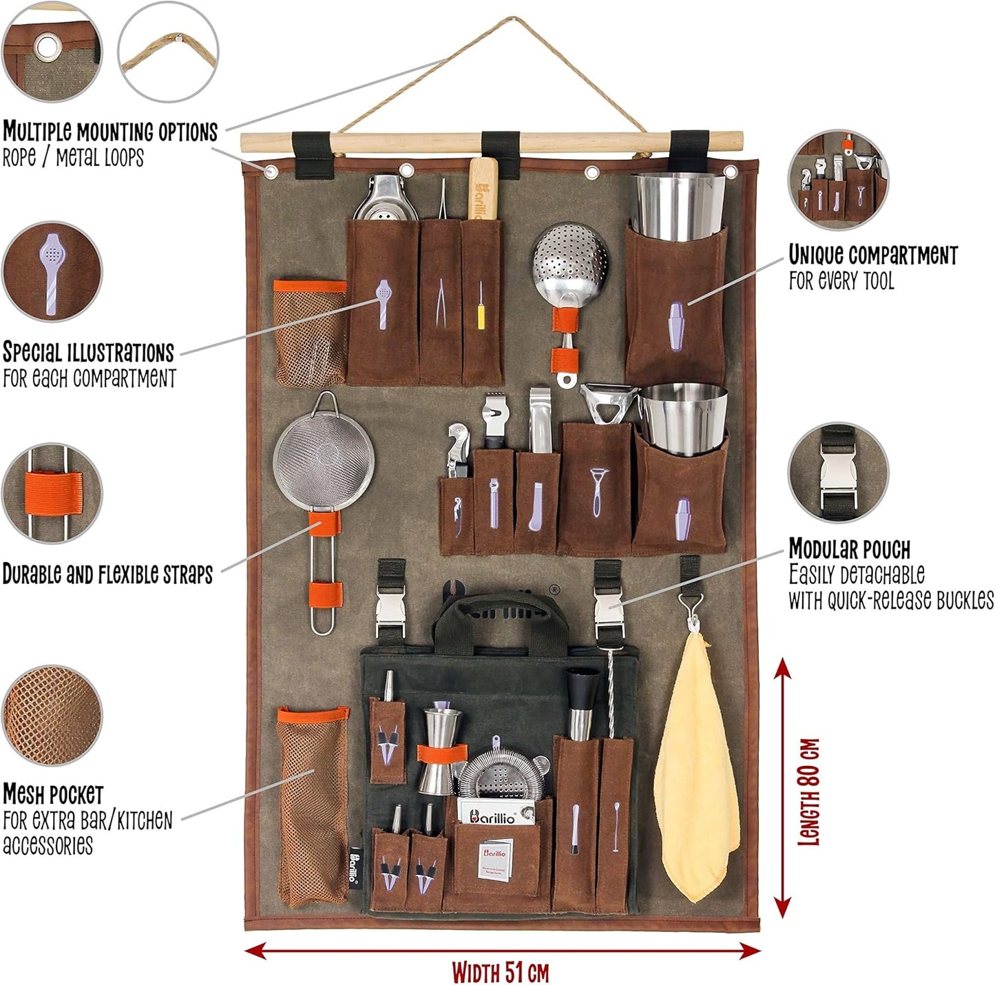 Bartender Wall Organizer with Bar Tool Set | Professional Bartender Kit with Waxed Canvas Organiser Including Portable Bar Bag for Cocktail Kit | Perfect for Home Bartending