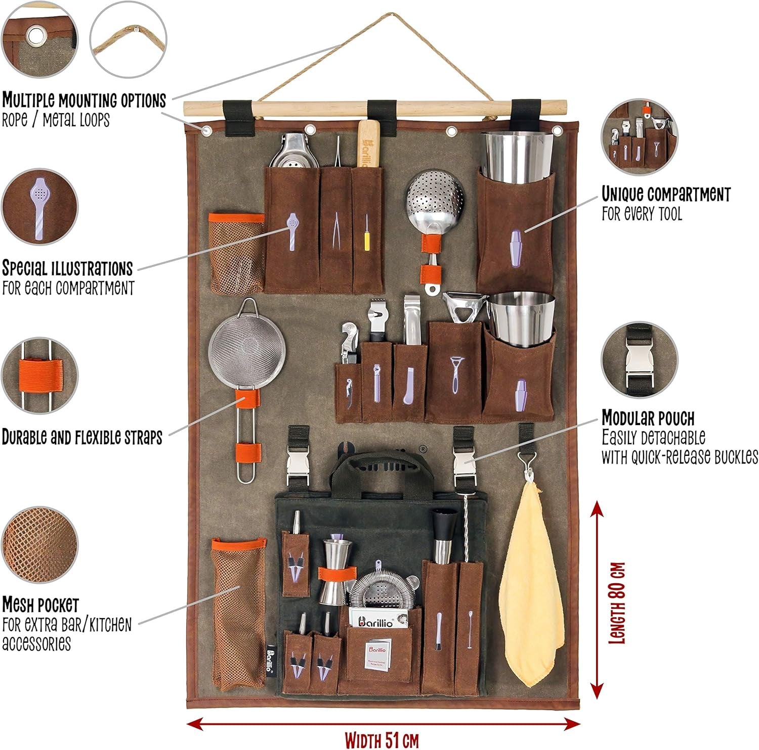 Bartender Wall Organizer with Bar Tool Set | Professional Bartender Kit with Waxed Canvas Organiser Including Portable Bar Bag for Cocktail Kit | Perfect for Home Bartending
