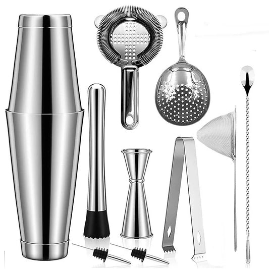 Cocktail Shaker Bar Set: 2 Weighted Boston Shakers, Cocktail Strainer Set,Jigger,Muddler and Spoon, Ice Tong and 2 Bottle Pourer