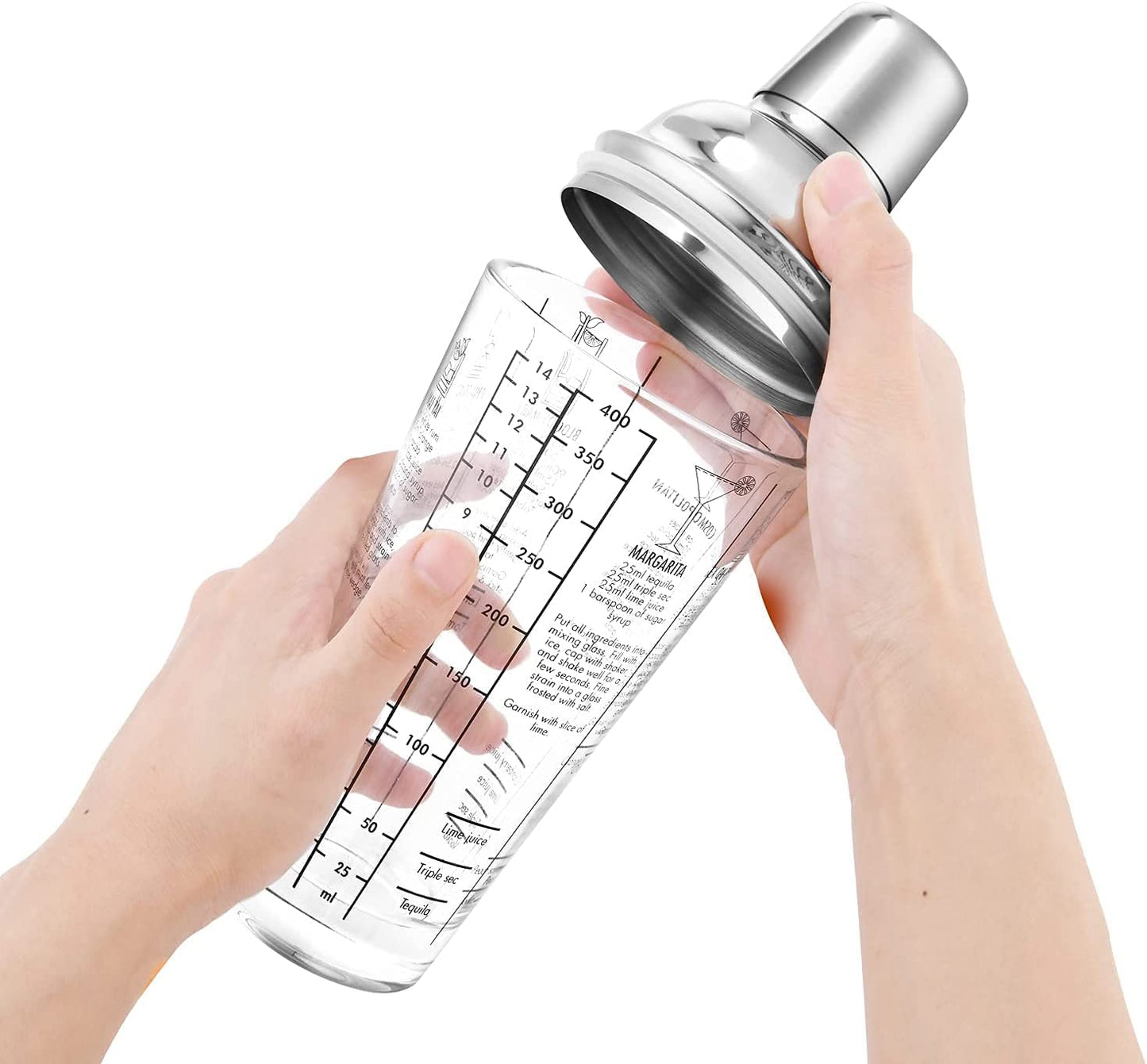 Glass Cocktail Shaker Printed with Recipes,14 Oz Martini Shaker with Double Measuring Jigger,18/8 Grade Stainless Steel Mixing Shaker,Leak-Proof Lid,Drink Shaker,Bartender Kit Gifts.