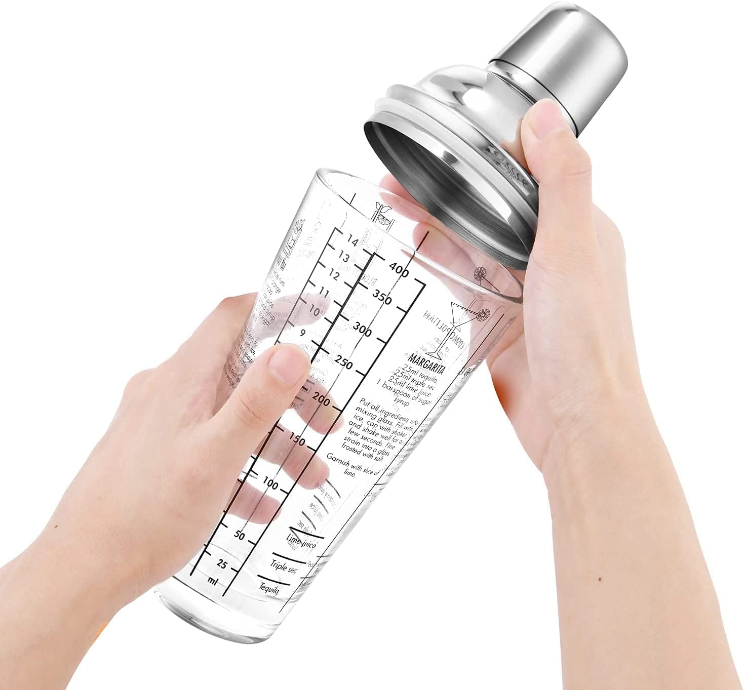 Glass Cocktail Shaker Printed with Recipes,14 Oz Martini Shaker with Double Measuring Jigger,18/8 Grade Stainless Steel Mixing Shaker,Leak-Proof Lid,Drink Shaker,Bartender Kit Gifts.