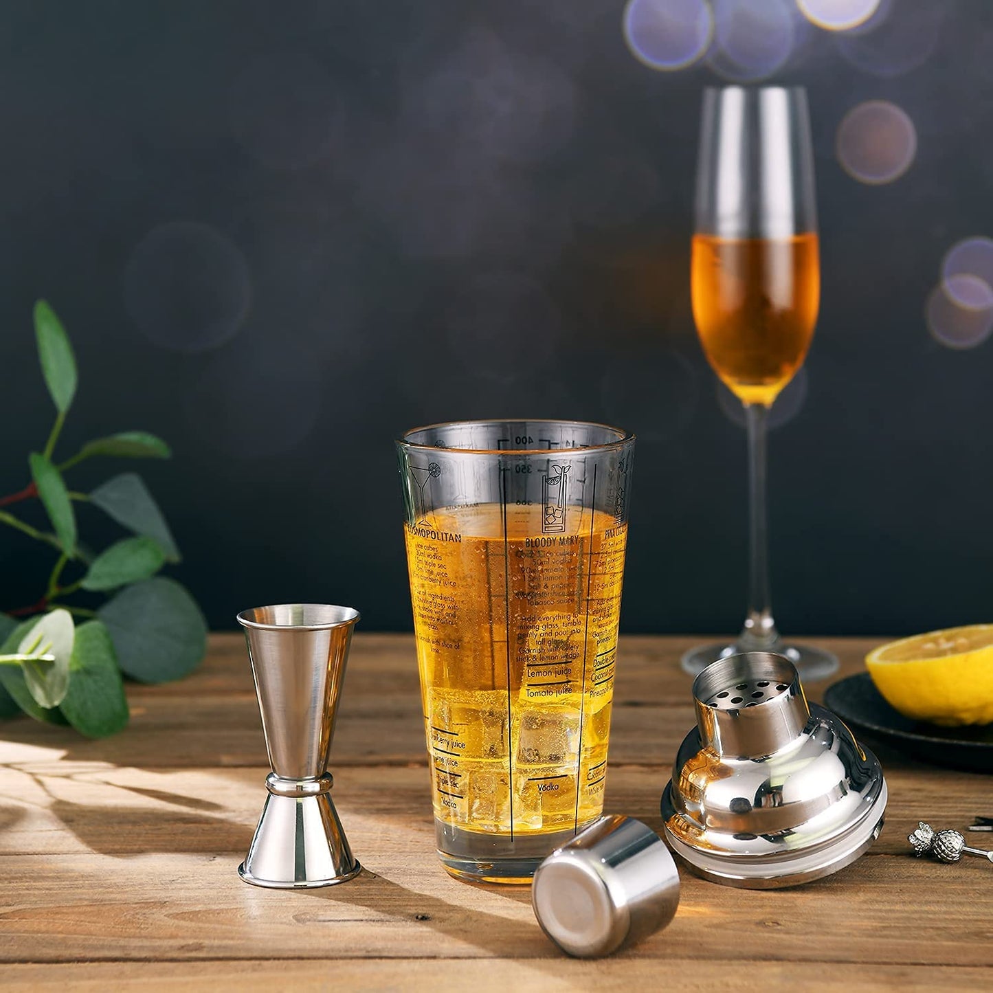 Glass Cocktail Shaker Printed with Recipes,14 Oz Martini Shaker with Double Measuring Jigger,18/8 Grade Stainless Steel Mixing Shaker,Leak-Proof Lid,Drink Shaker,Bartender Kit Gifts.