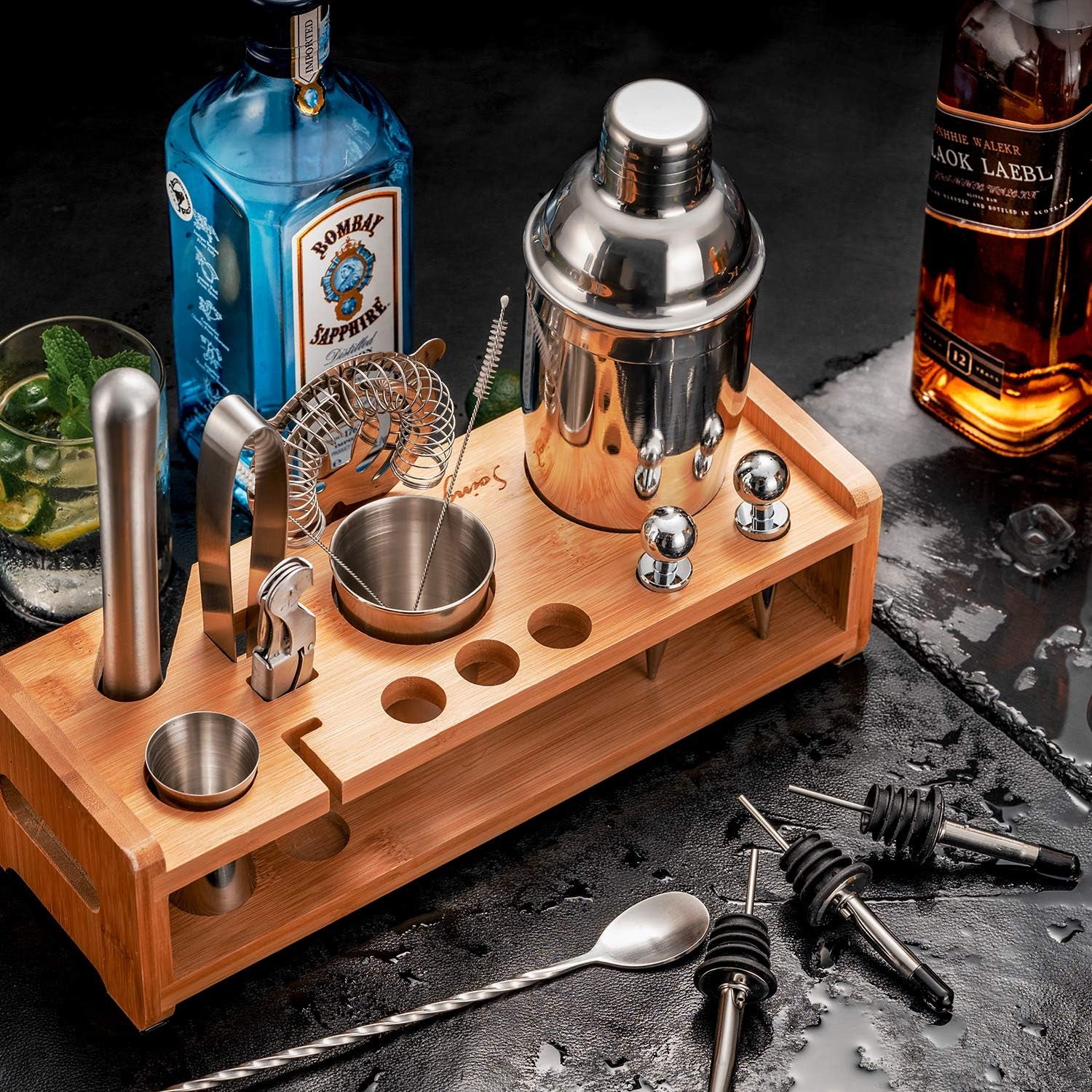 Silver 24-Piece Cocktail Shaker Set,Perfect Home Bartending Kit for Drink Mixing,Stainless Steel Bar Tools with Stand,Velvet Carry Bag & Recipes Included