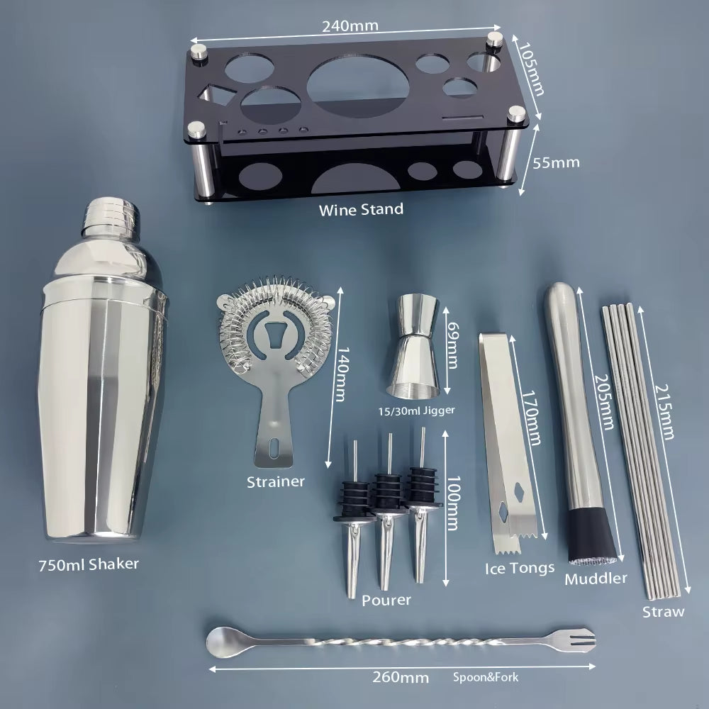 13 Piece 750Ml 600Ml Cocktail Shaker Set Stainless Steel Bar Tools with Black Stand, 750Ml Shaker, Jigger, Spoon, Pourers