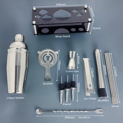 13 Piece 750Ml 600Ml Cocktail Shaker Set Stainless Steel Bar Tools with Black Stand, 750Ml Shaker, Jigger, Spoon, Pourers