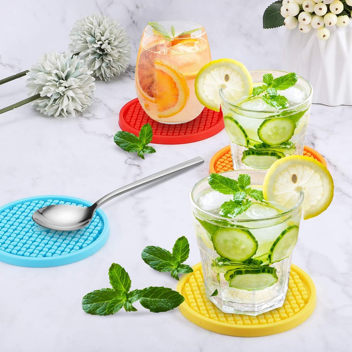 Silicone Coasters [6 Pack] Thickened Drink Coasters with Holder - Cup Mat - Non-Slip, Non-Stick, Stay Put, Deep Tray - Prevents Furniture and Tabletop Damages(Teal Blue)