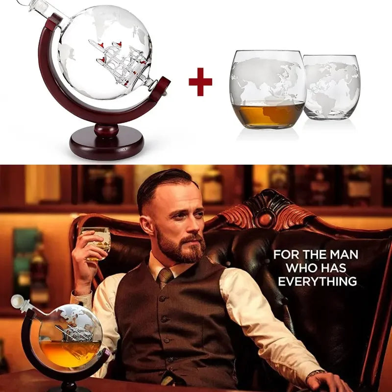 Whiskey Glass Set Crystal Globe Liquor Carafe for Whisky Vodka Sailboat in Decanter with Finished Wooden Stand Bar Tools Cup Hot