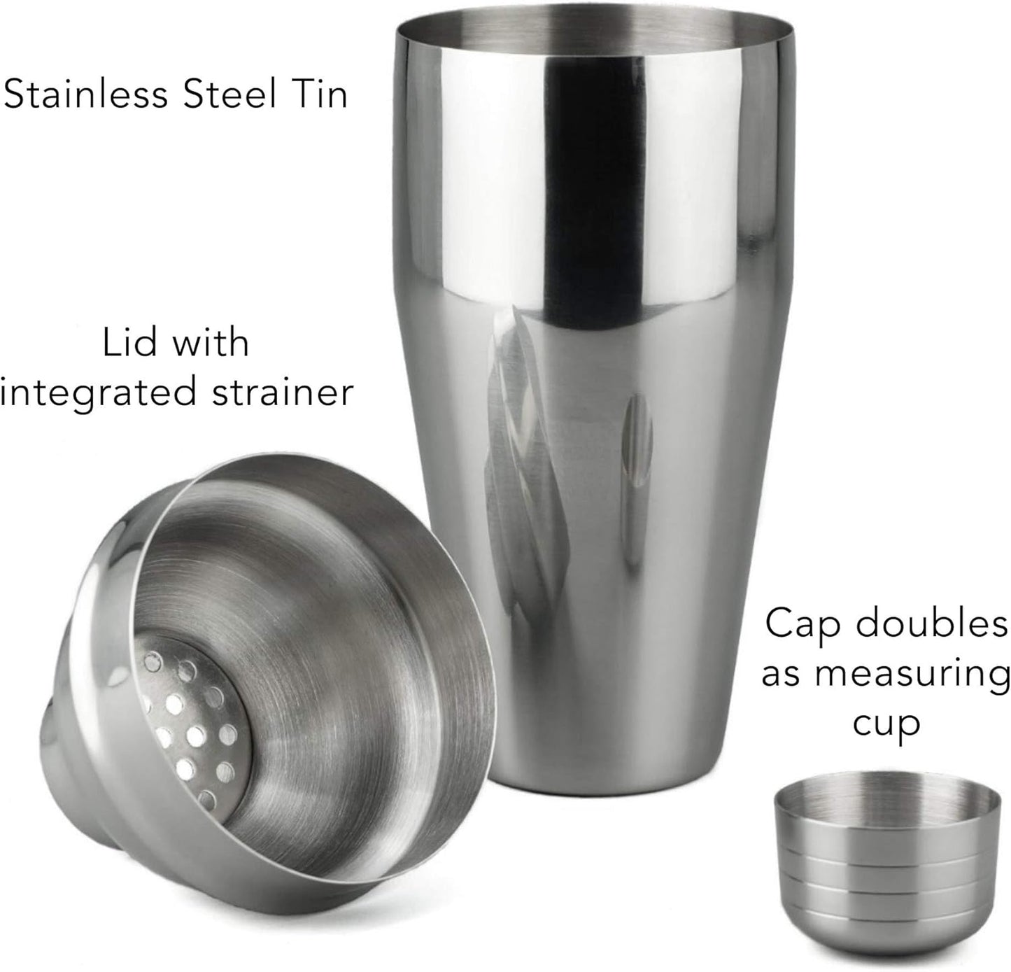 Professional Cocktail Shaker - 24 Oz Stainless Martini Tin with Built-In Strainer and Measuring Cup - Perfect for Mixing Drinks