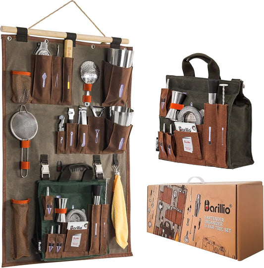 Bartender Wall Organizer with Bar Tool Set | Professional Bartender Kit with Waxed Canvas Organiser Including Portable Bar Bag for Cocktail Kit | Perfect for Home Bartending