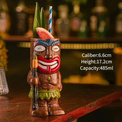 Hawaiian Style Brown Tiki Mug Creative Cocktail Mug Cup Zombie Ceramic Tiki Mug Drinkware Cup Mug for Tiki Bar Party