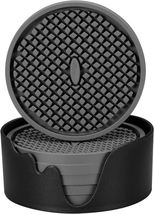 Silicone Coasters [6 Pack] Thickened Drink Coasters with Holder - Cup Mat - Non-Slip, Non-Stick, Stay Put, Deep Tray - Prevents Furniture and Tabletop Damages(Gray)