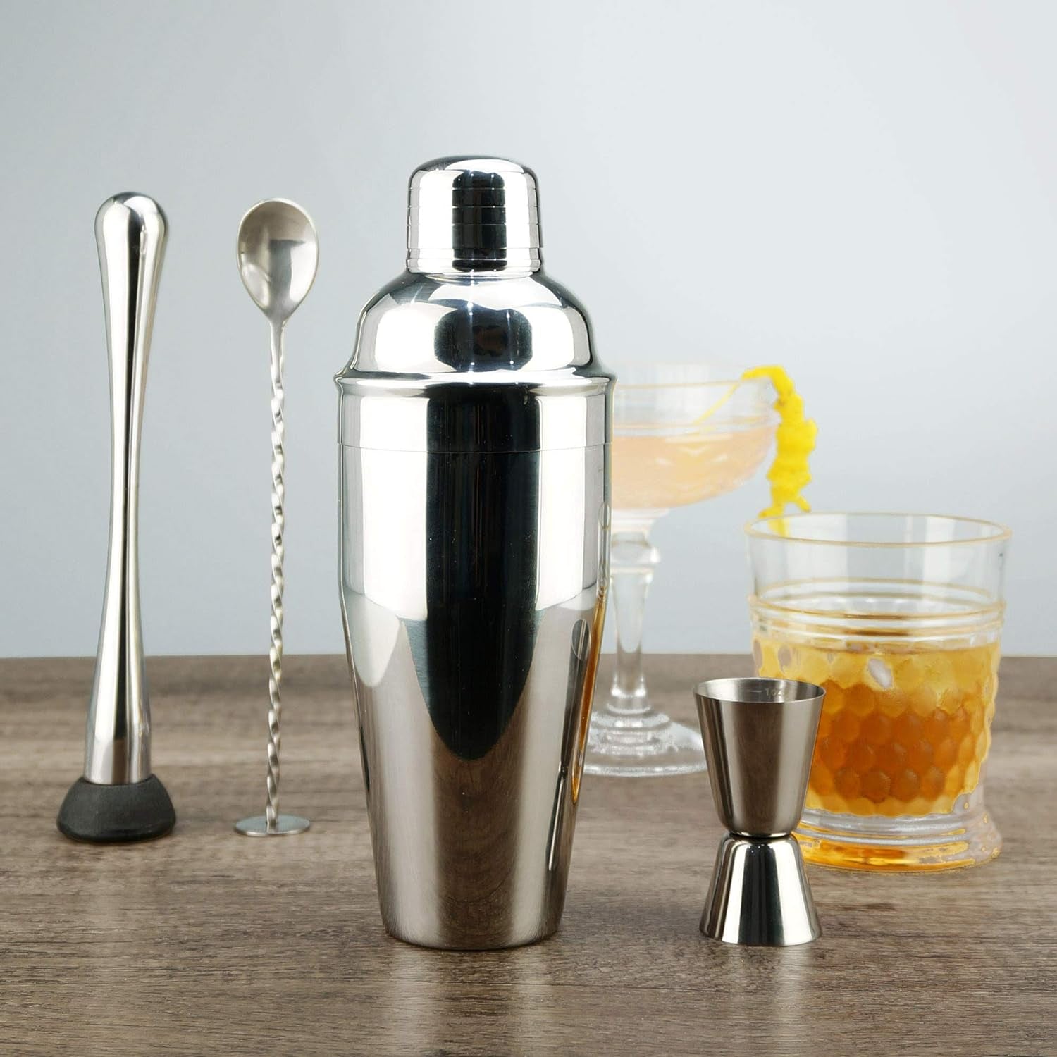 Professional Cocktail Shaker - 24 Oz Stainless Martini Tin with Built-In Strainer and Measuring Cup - Perfect for Mixing Drinks