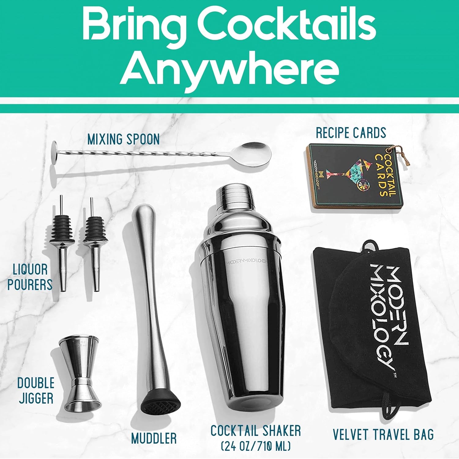 Mixology Cocktail Shaker Set Drink Mixer, 8-Piece Portable Bartender Kit with 24Oz Martini Shaker Barware Tool Set, 2 Pourers, Muddler, Jigger, Mixing Spoon, Velvet Bag, Built-In Strainer (Silver)