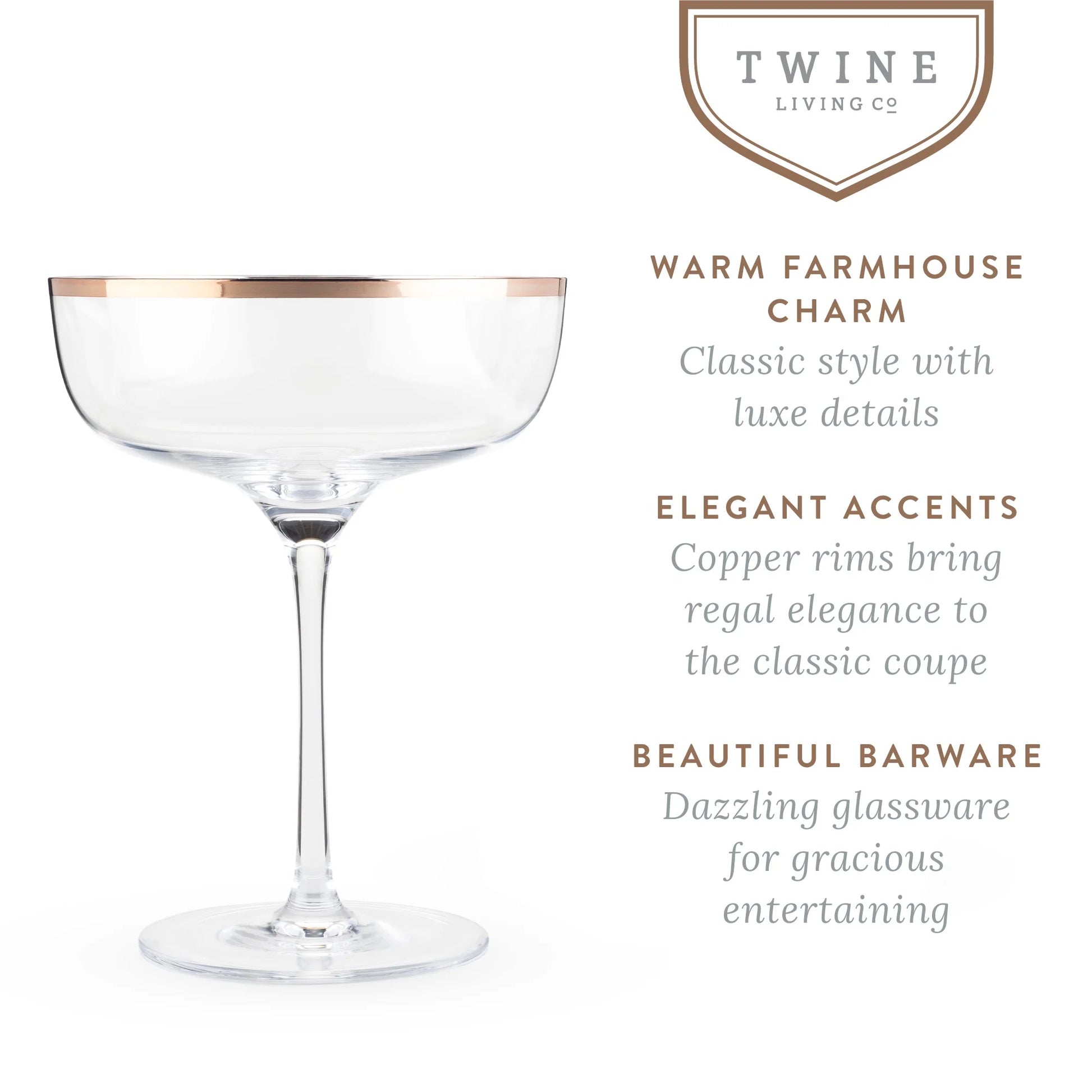 Copper Rim Vintage Cocktail Crystal Champagne Coupe Glasses, Set of 2