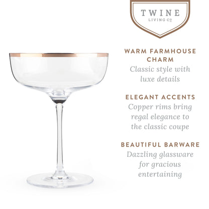 Copper Rim Vintage Cocktail Crystal Champagne Coupe Glasses, Set of 2