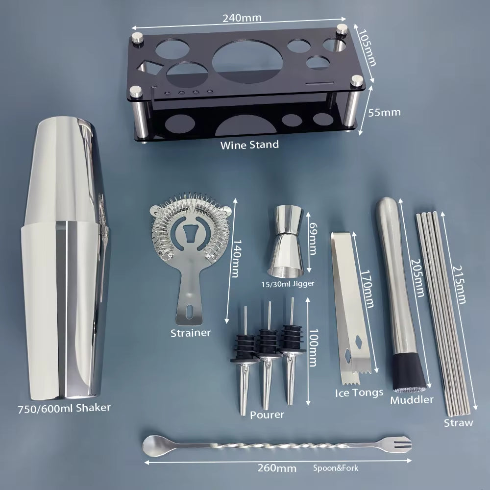 13 Piece 750Ml 600Ml Cocktail Shaker Set Stainless Steel Bar Tools with Black Stand, 750Ml Shaker, Jigger, Spoon, Pourers