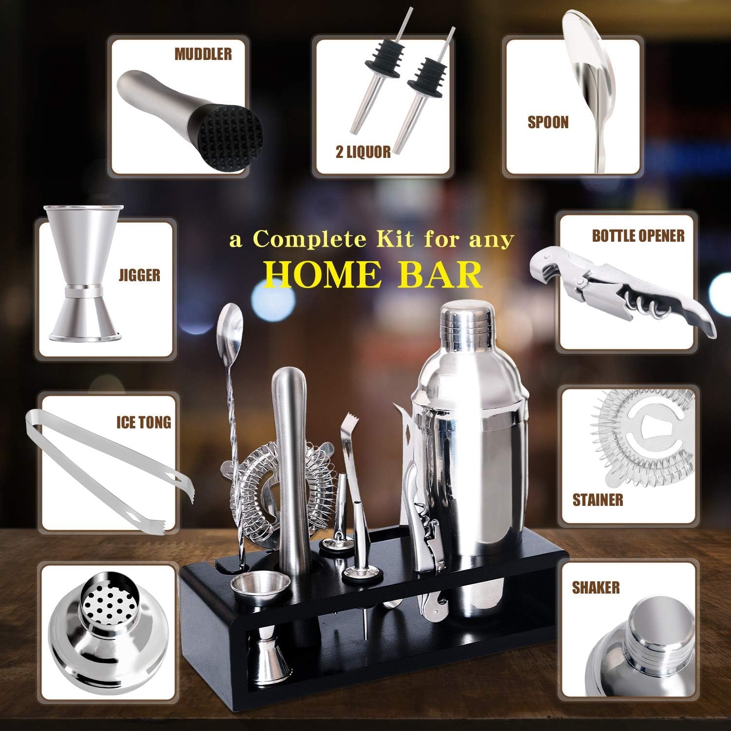Bar Set Bartender Kit with Stand Stainless Steel Drink Mixer Set for Beginners Perfect Home Bartending Kit for an Awesome Drink Mixing Experience(Silver)