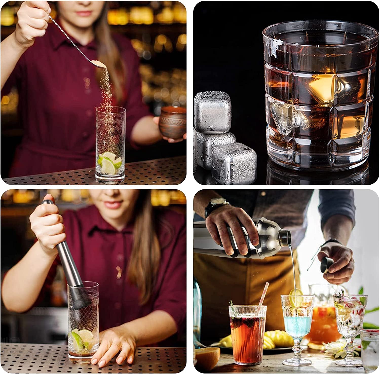 26-Piece Bartender Kit Cocktail Shaker Set | Stainless Steel Bar Set with Bamboo Stand Bar Tools Cocktail Kit for Christmas Drink Mixing,Home Bar Party Gift Bartending Kit Silver
