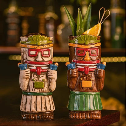 Hawaiian Style Brown Tiki Mug Creative Cocktail Mug Cup Zombie Ceramic Tiki Mug Drinkware Cup Mug for Tiki Bar Party