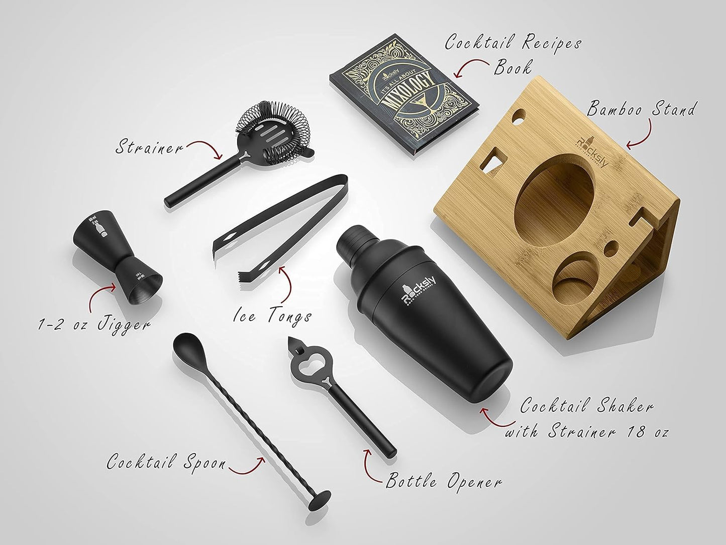 Mixology Bartender Kit and Cocktail Shaker Set for Drink Mixing | Mixology Set with 6 Bar Set Tools and Bamboo Stand Makes It the Perfect Home Cocktail Kit | Complete Bartender Kit (Black)