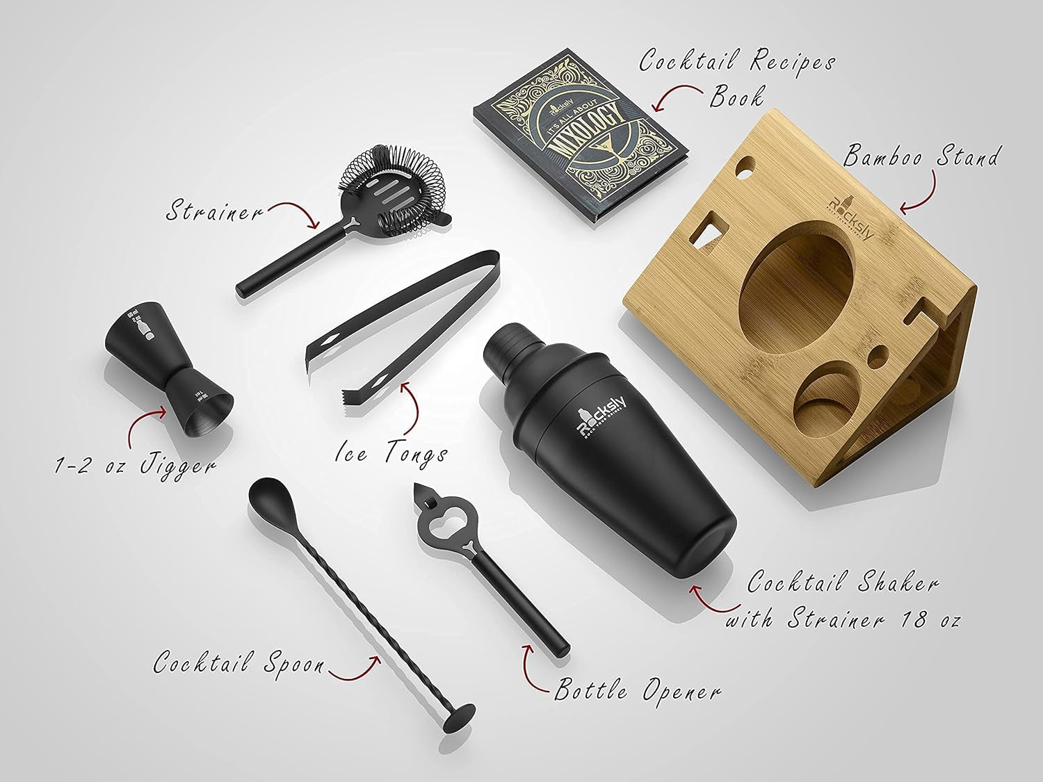 Mixology Bartender Kit and Cocktail Shaker Set for Drink Mixing | Mixology Set with 6 Bar Set Tools and Bamboo Stand Makes It the Perfect Home Cocktail Kit | Complete Bartender Kit (Black)