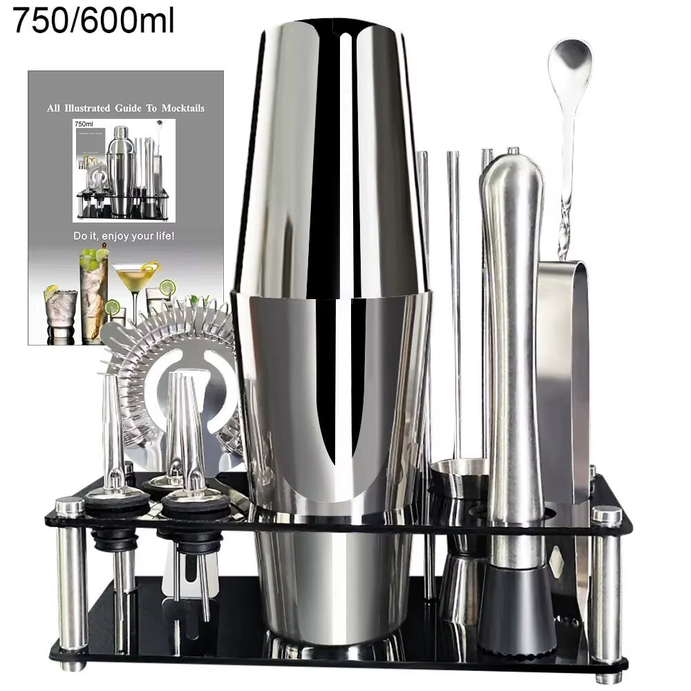13 Piece 750Ml 600Ml Cocktail Shaker Set Stainless Steel Bar Tools with Black Stand, 750Ml Shaker, Jigger, Spoon, Pourers