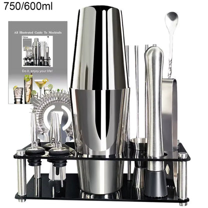 13 Piece 750Ml 600Ml Cocktail Shaker Set Stainless Steel Bar Tools with Black Stand, 750Ml Shaker, Jigger, Spoon, Pourers