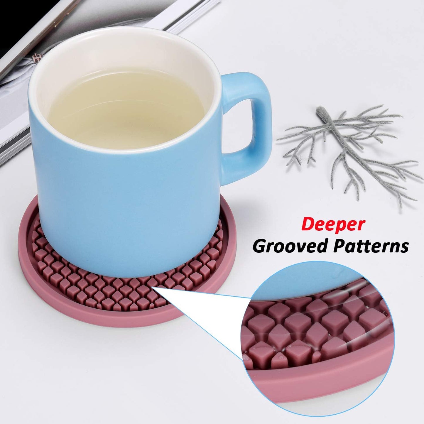Silicone Coasters [6 Pack] Thickened Drink Coasters with Holder - Cup Mat - Non-Slip, Non-Stick, Stay Put, Deep Tray - Prevents Furniture and Tabletop Damages(Gray)