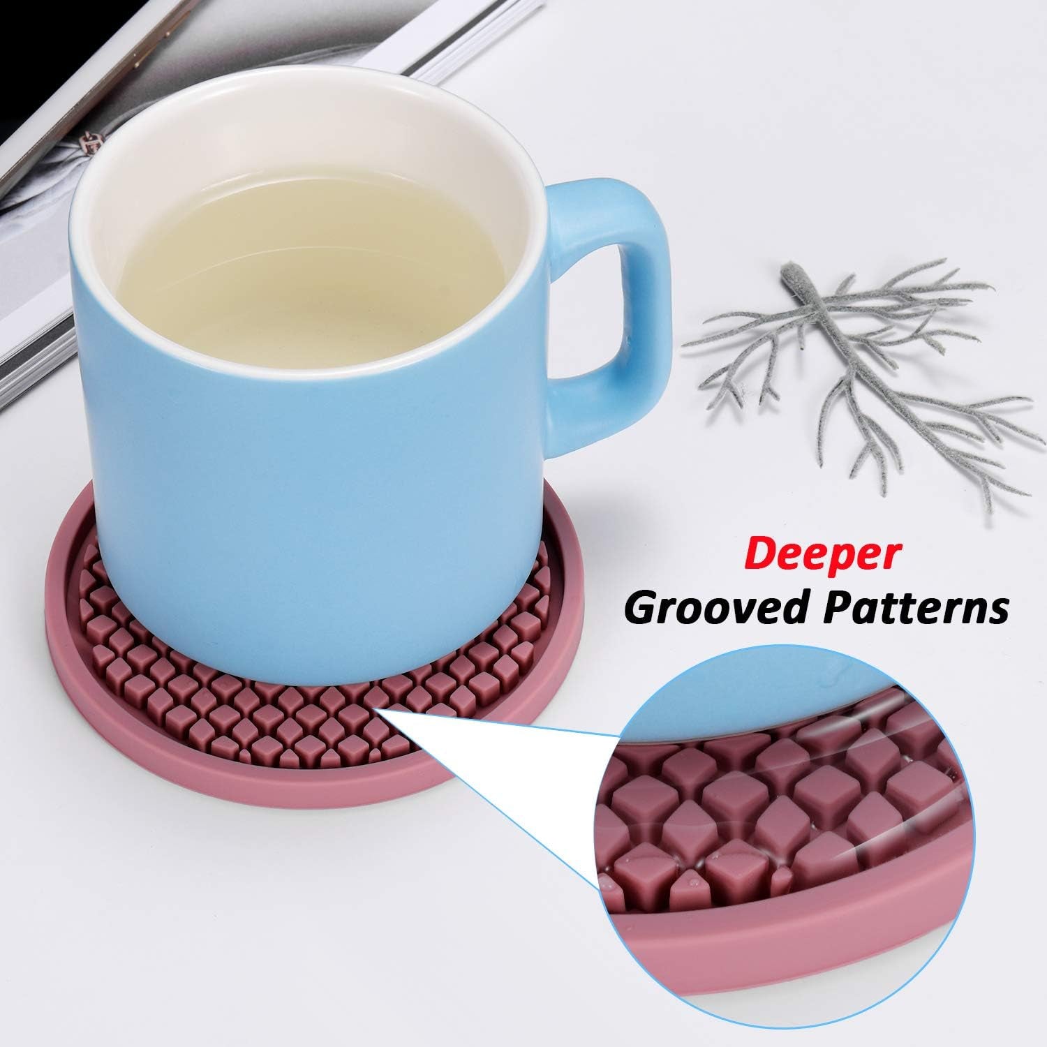 Silicone Coasters [6 Pack] Thickened Drink Coasters with Holder - Cup Mat - Non-Slip, Non-Stick, Stay Put, Deep Tray - Prevents Furniture and Tabletop Damages(Gray)