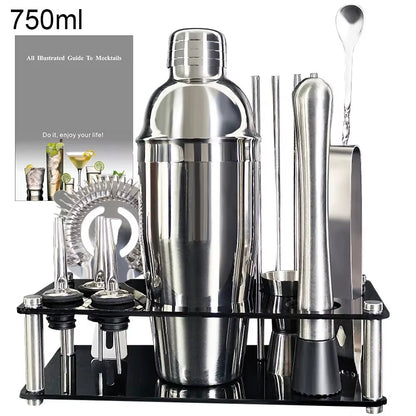 13 Piece 750Ml 600Ml Cocktail Shaker Set Stainless Steel Bar Tools with Black Stand, 750Ml Shaker, Jigger, Spoon, Pourers