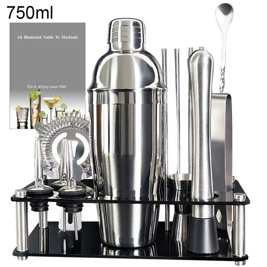 13 Piece 750Ml 600Ml Cocktail Shaker Set Stainless Steel Bar Tools with Black Stand, 750Ml Shaker, Jigger, Spoon, Pourers