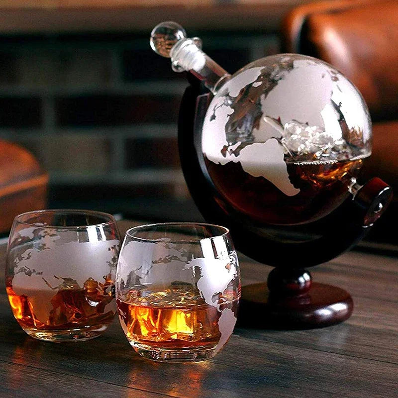 Whiskey Glass Set Crystal Globe Liquor Carafe for Whisky Vodka Sailboat in Decanter with Finished Wooden Stand Bar Tools Cup Hot