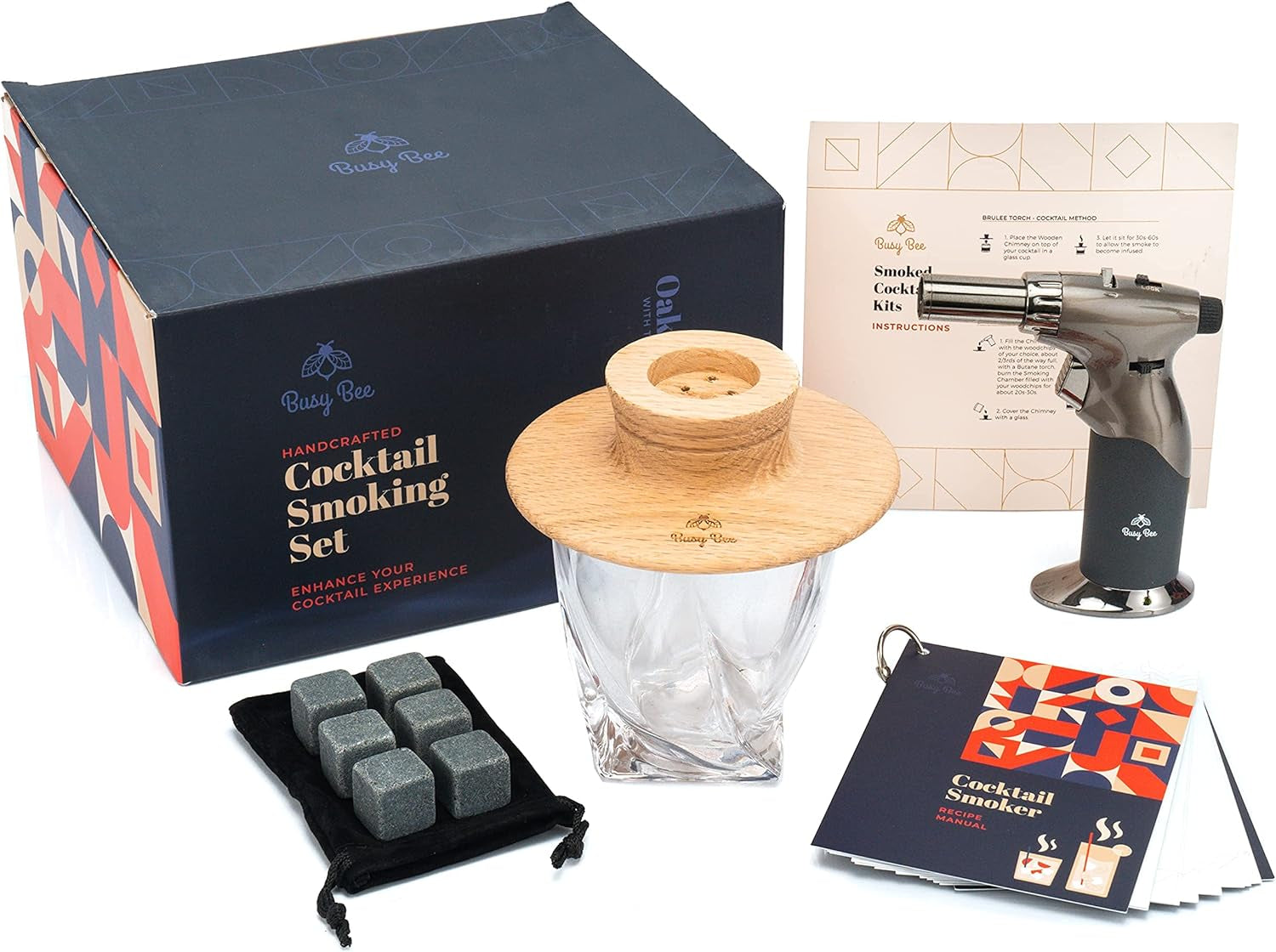 Busy Bee Oak Cocktail Smoker Mixology Bartender Kit – Luxury Cocktail Set with Cocktail Smoker, Torch, Whisky Glass & Whiskey Stone – Premium Bar Sets for the Home with Aromatic Woods…