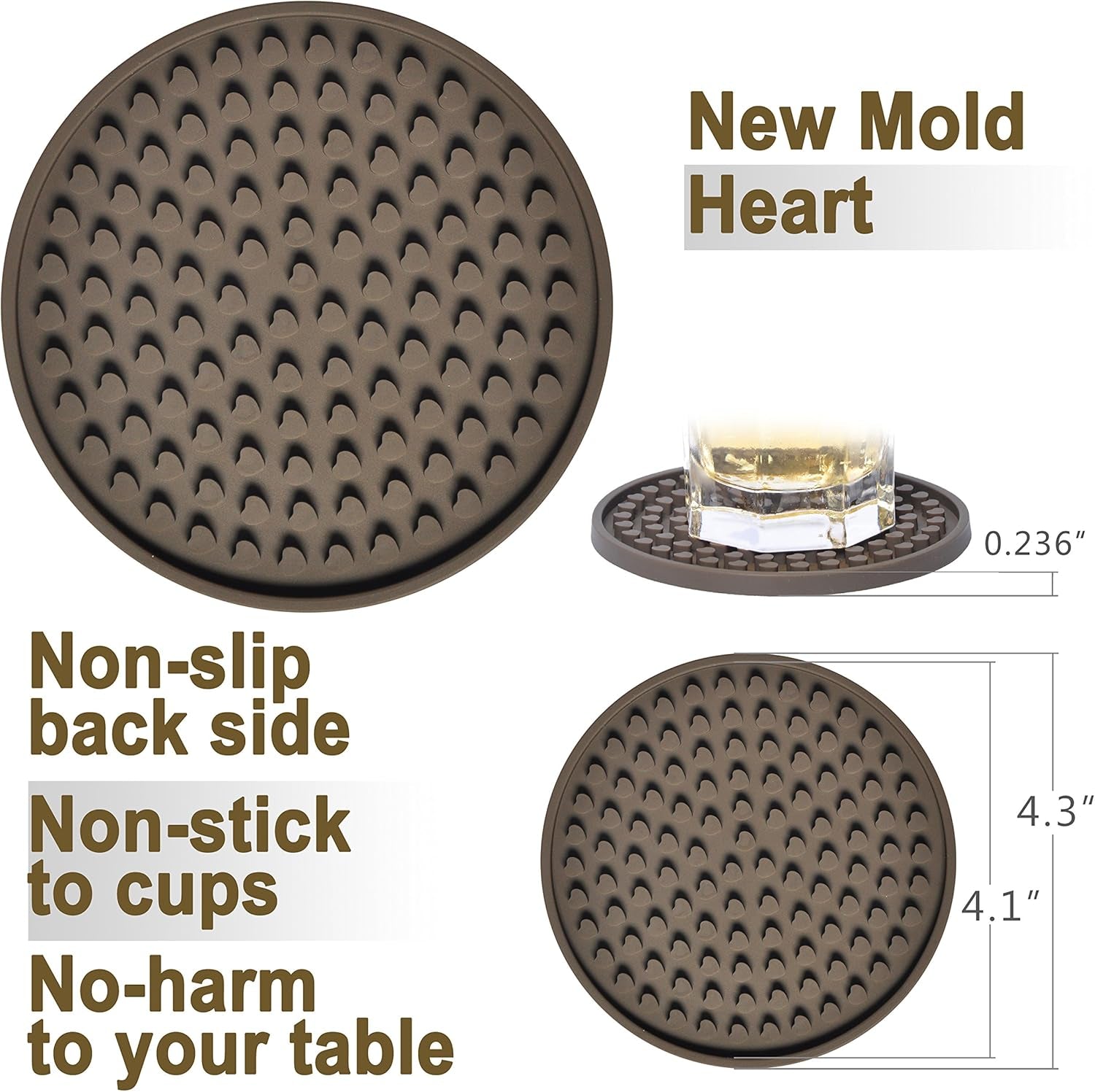 Coasters for Drinks Absorbent, Rubber Brown Coasters Set of 8, Large Silicone Drink Coasters for Furniture Protection, Deep Tray 4.3 Inch Hearts Buds Reusable Heat-Resistant Mat
