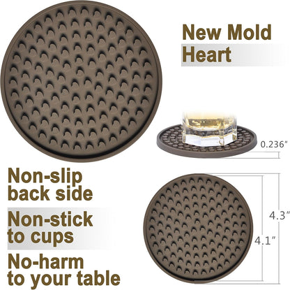 Coasters for Drinks Absorbent, Rubber Brown Coasters Set of 8, Large Silicone Drink Coasters for Furniture Protection, Deep Tray 4.3 Inch Hearts Buds Reusable Heat-Resistant Mat