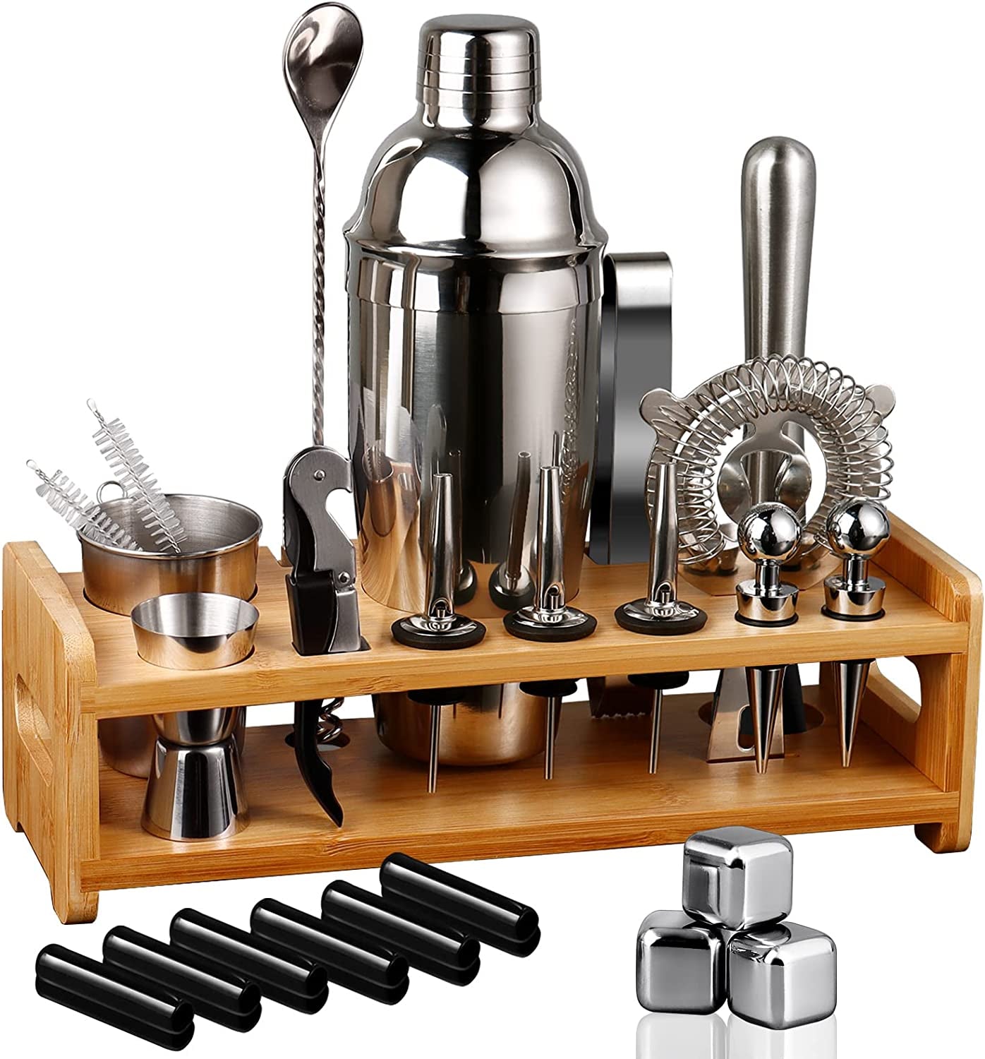 26-Piece Bartender Kit Cocktail Shaker Set | Stainless Steel Bar Set with Bamboo Stand Bar Tools Cocktail Kit for Christmas Drink Mixing,Home Bar Party Gift Bartending Kit Silver
