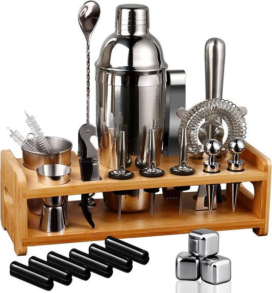 26-Piece Bartender Kit Cocktail Shaker Set | Stainless Steel Bar Set with Bamboo Stand Bar Tools Cocktail Kit for Christmas Drink Mixing,Home Bar Party Gift Bartending Kit Silver
