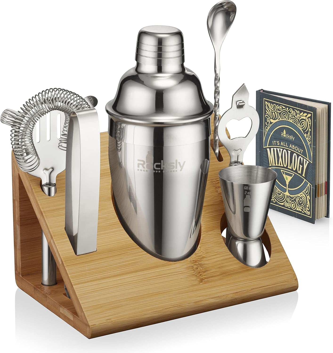 Mixology Bartender Kit and Cocktail Shaker Set for Drink Mixing | Mixology Set with 6 Bar Set Tools and Bamboo Stand Makes It the Perfect Home Cocktail Kit | Complete Bartender Kit (Silver)